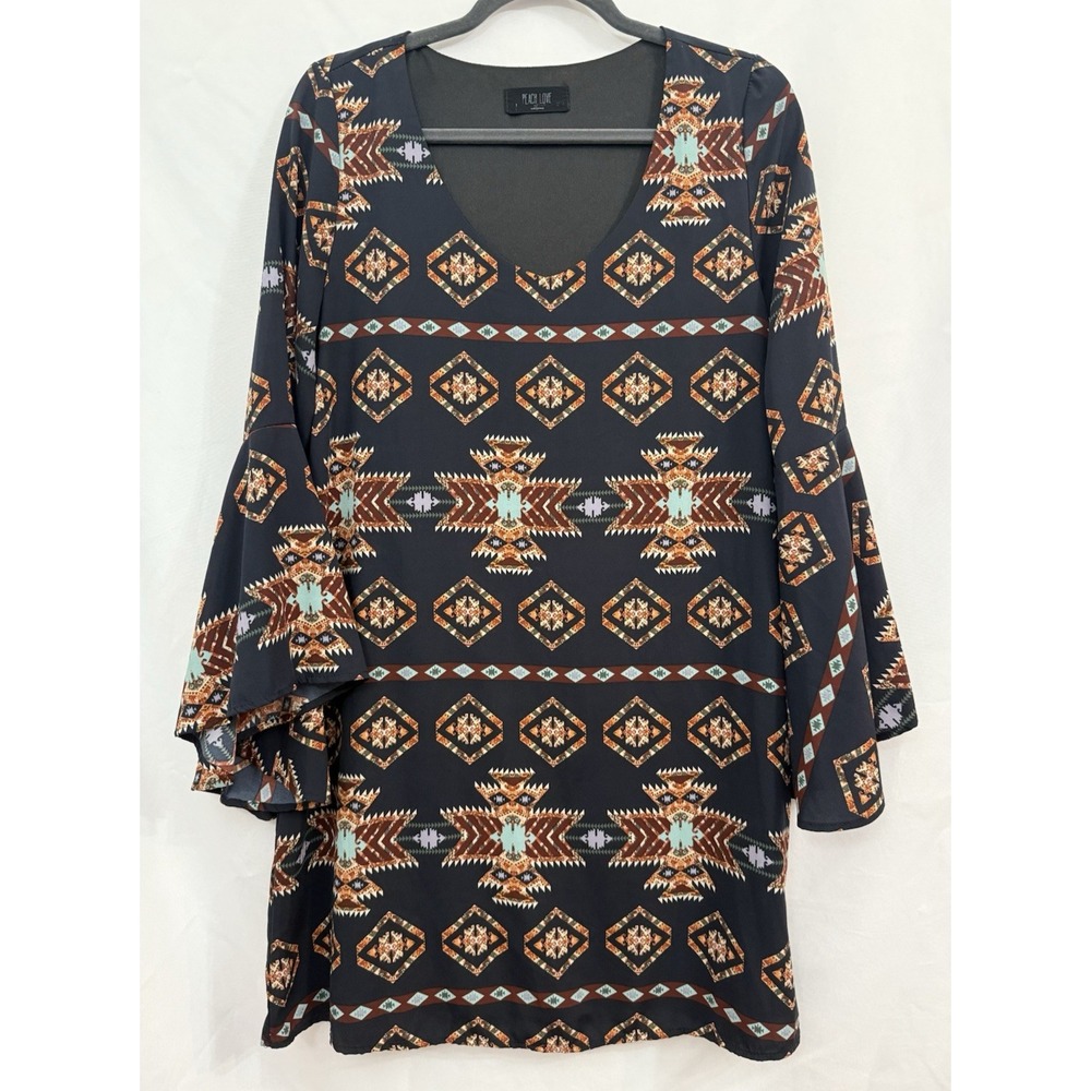 Peach Love California Tunic Dress Black Aztec Bell Sleeves Womens Size S
